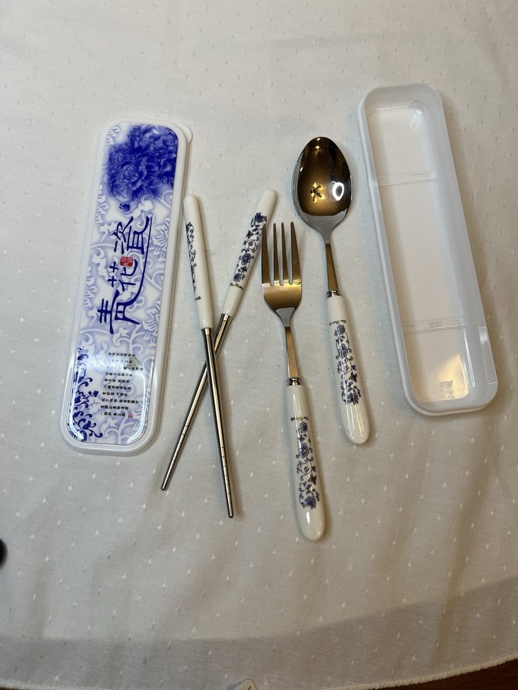 Chopsticks And Fork And Spoon In Case, Blue Butterfly Pattern