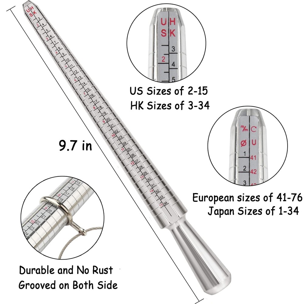 Accmor Ring Sizer Measuring Tool Including Mandrel, Gauge Silver