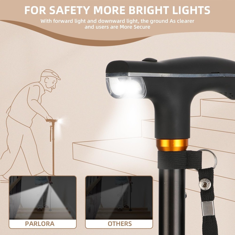 Parlora Walking Cane with LED Light - Foldable, Adjustable, Collapsible, Free...