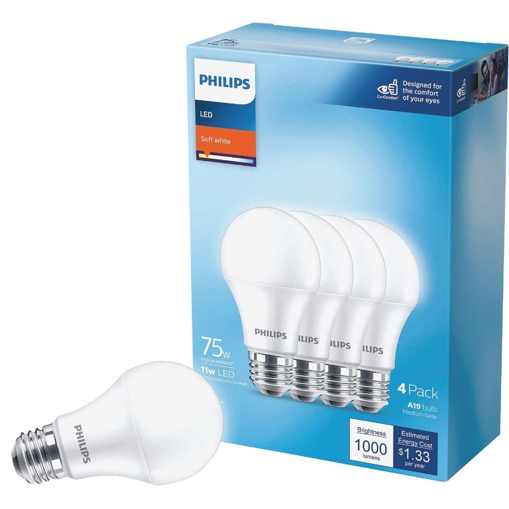 Philips A19 E26 Soft White Led Bulbs 75 Watt Equivalent 4 Pack Energy Efficient