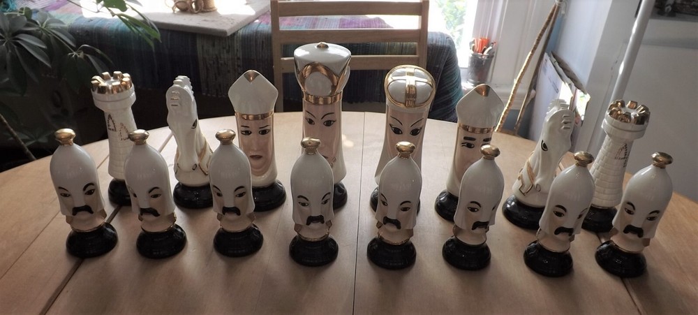 Mid-Century Hand Painted Chess Set