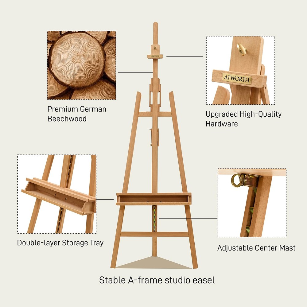 ATWORTH Studio Art Easel,Solid Beech Wood Artist Natural