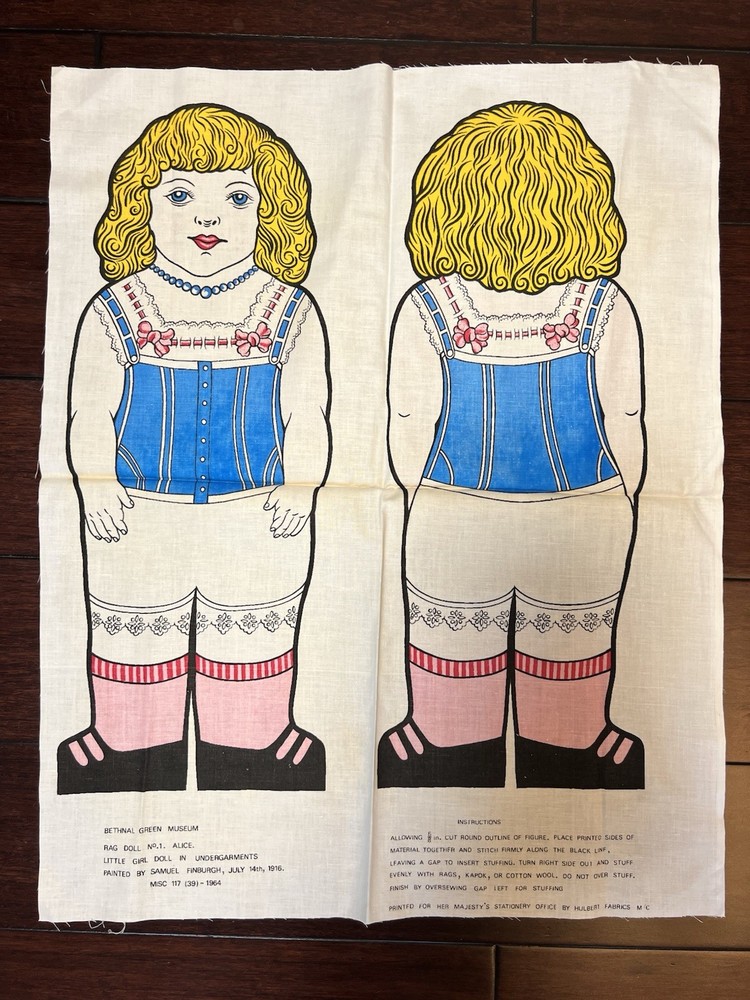vtg ALICE Rag Doll Fabric Panel * Bethnal Green Museum * No. 1 Hulbert NOS
