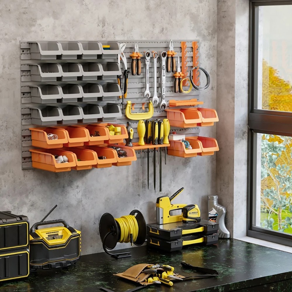 44PCS Pegboard Tool Organizer – Orange Garage Storage w/ Bins, Hooks & Pegboard