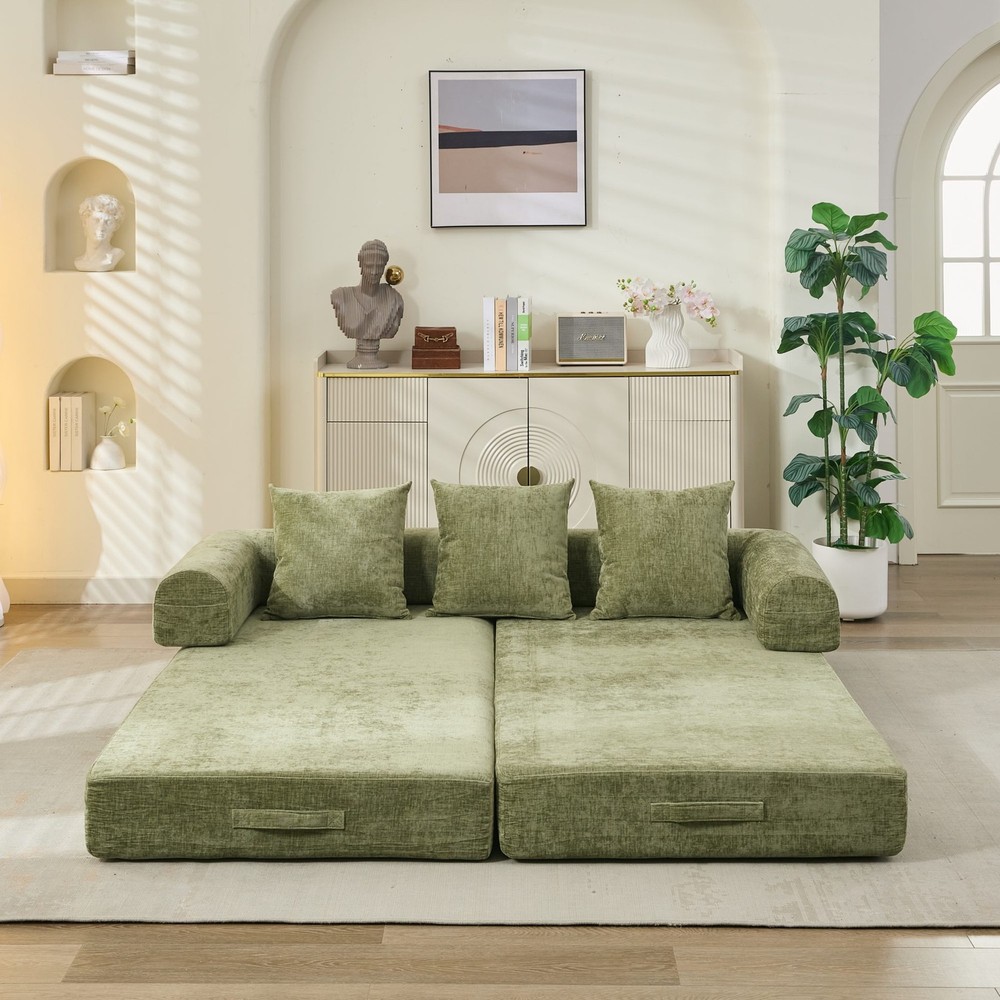 Multi-Functional Floor Sofa Convertible Folding Chenille Bed Sofa Couch Green