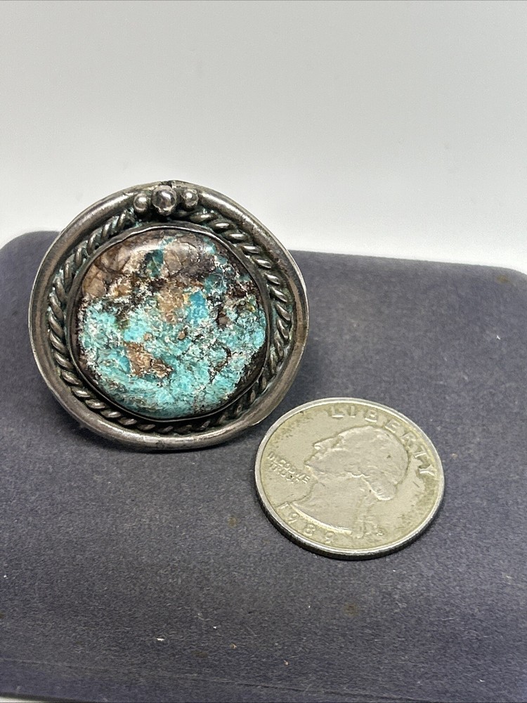 Large Native American Sterling Silver & Turquoise Twisted Cable Circle Ring