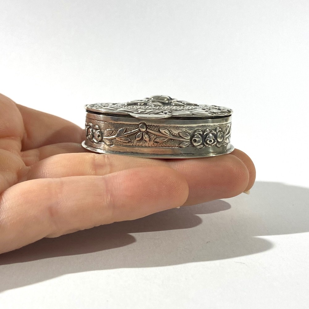 Antique Solid Silver Pillbox , Hallmarked with Floral decorations