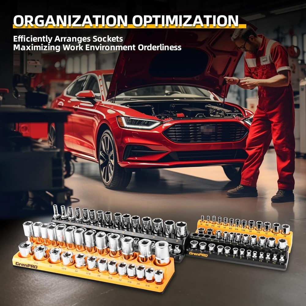 Socket Organizer for Tool Box Drawer, 6pc 143 Metric & SAE Magnetic Socket Holde