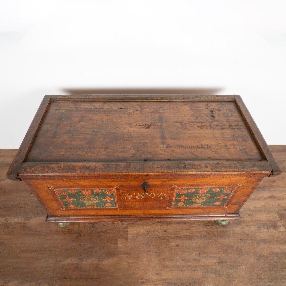 Original Painted Flat Top Trunk With Flowers, Austria dated 1804