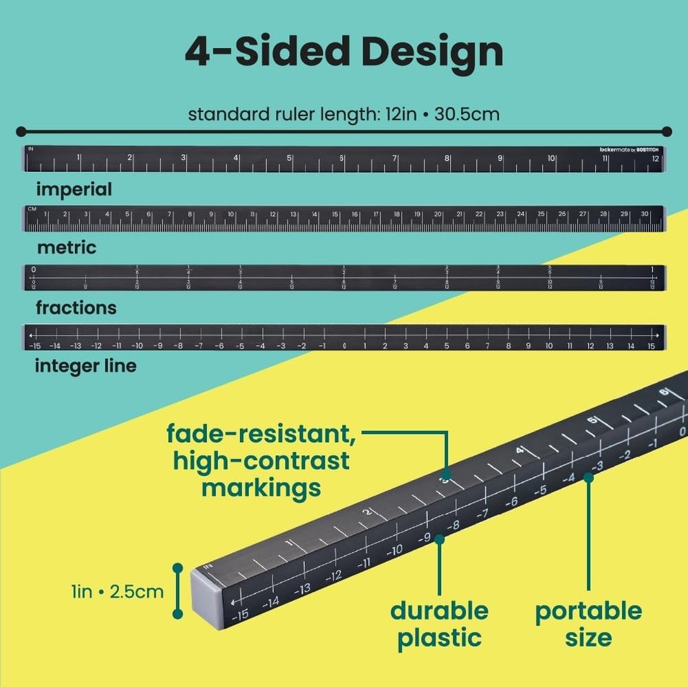 MeasureMate Learning Ruler, Four-Sided Math Tool for Students, Teaching Black