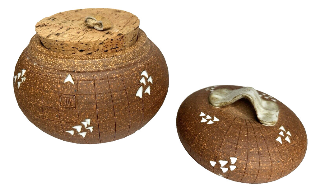Vintage John Peterson Studio Pottery Ceramic Handle Lidded Jar with Cork Stopper