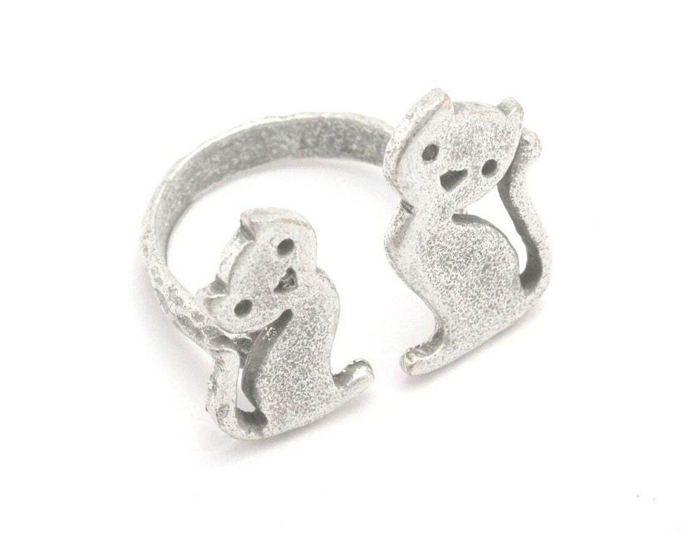 Cats Adjustable Ring Antique Silver Plated Brass (7US 9US inner size) 4293
