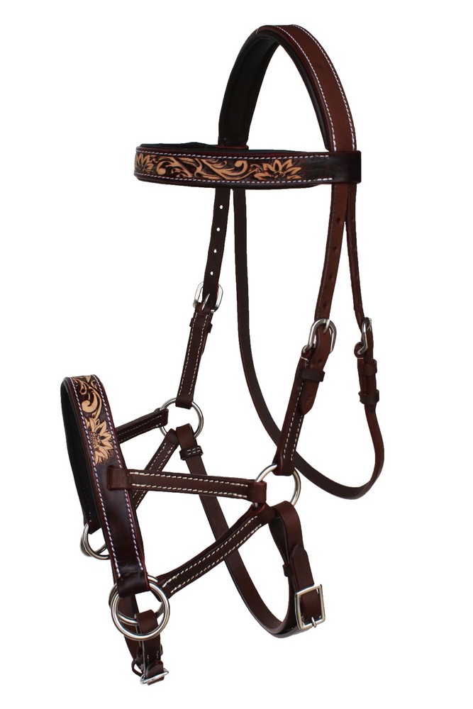 Horse Western Leather Bitless Sidepull Bridle Split Reins 77RS29BR