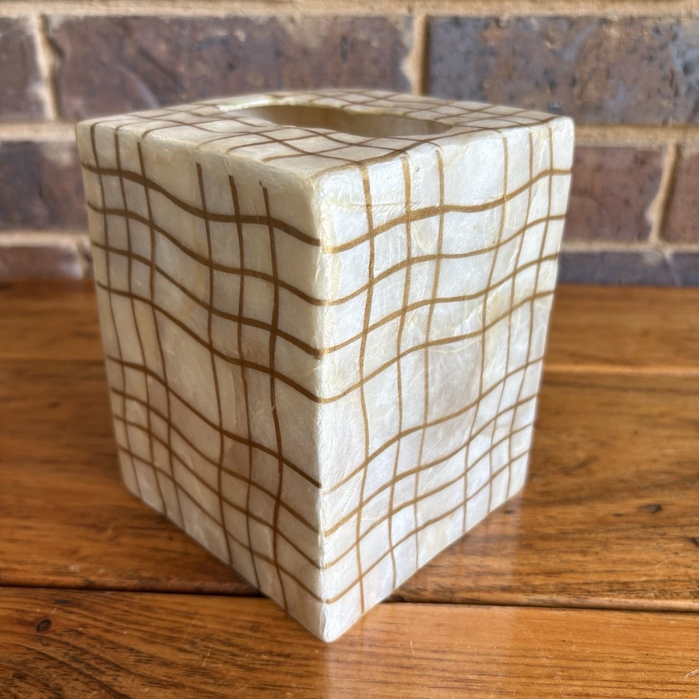 Capiz Shell Square Tissue Box Cover With Gold Plaid Pattern