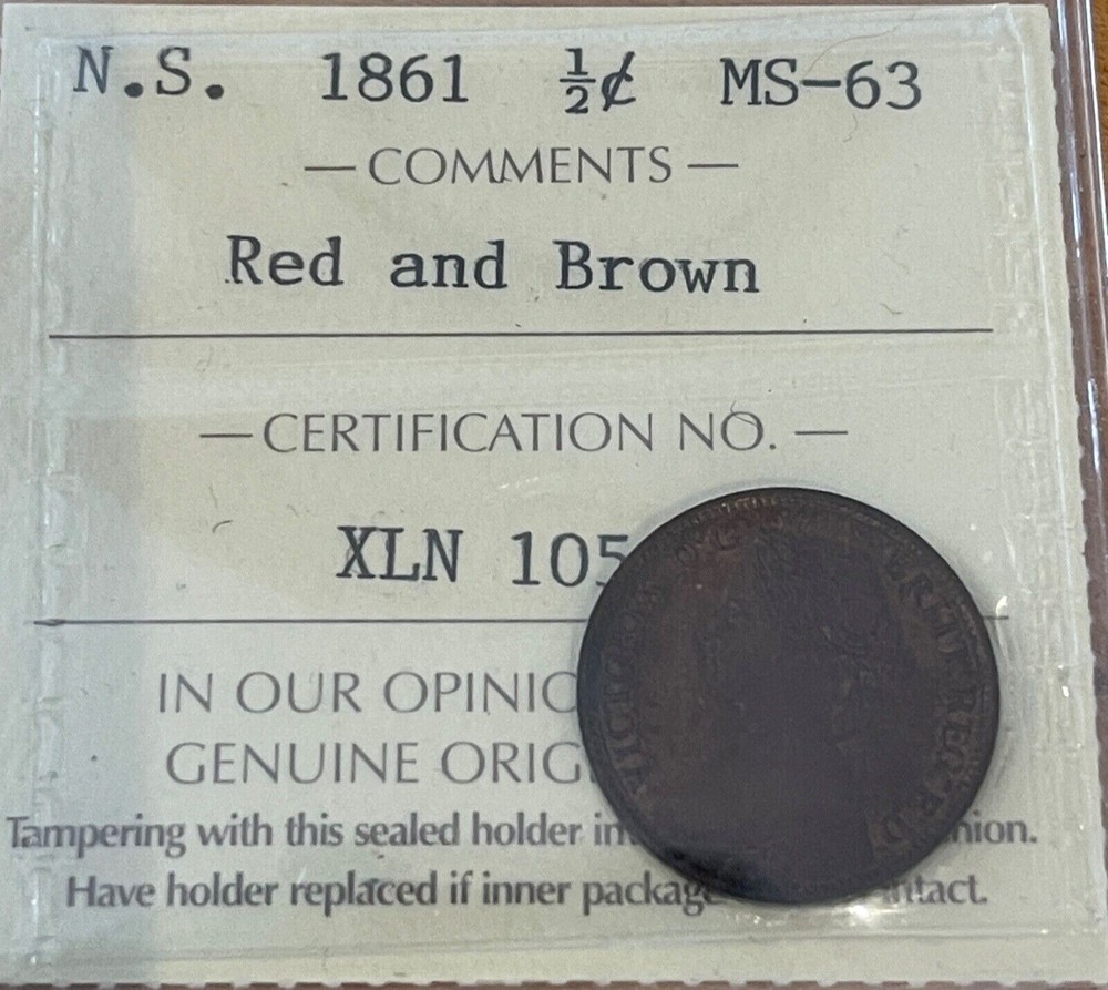1861 Nova Scotia Half Cent - ICCS MS-63 Red and Brown