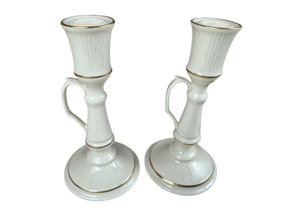 Vintage Pair Lenox Handled Chamber Style Cape Cod Candlesticks Ribbed 24K Gold