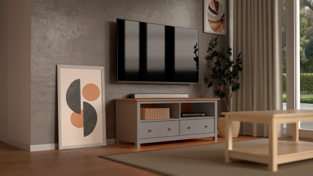 Handcrafted Solid Oak TV Stand Entertainment Center - Elegant Gray Media Console