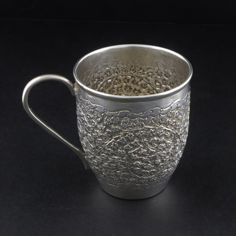 Antique Indian SILVER Cup with Handle Repousse Scrollwork Leaf Decoration