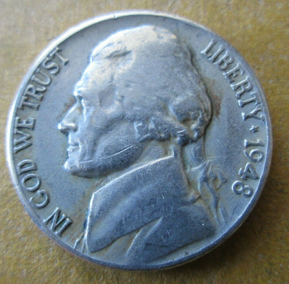 1948-P JEFFERSON, REVERSE PEELING LAMINATION ERROR, VF DETAILS, CIRCULATED