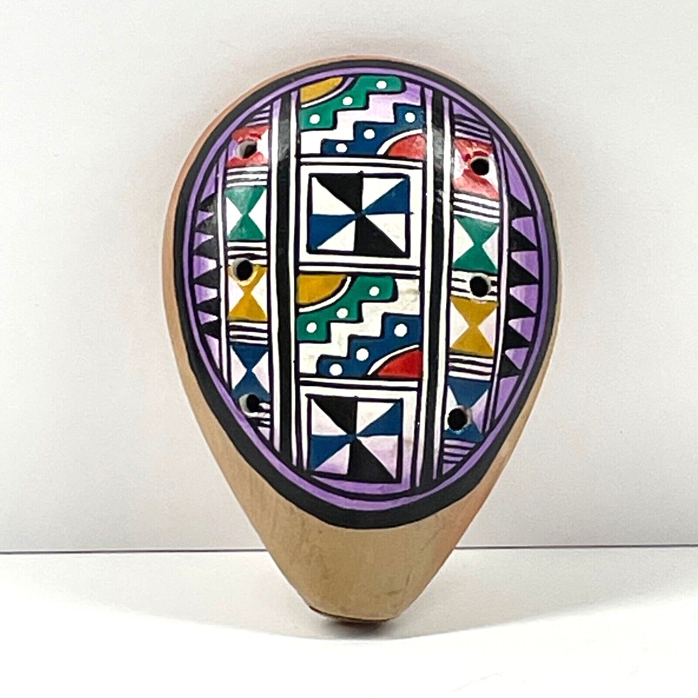 Peruvian Clay Multi-Color Geometric Pattern Folk Art Face Collector Whistle