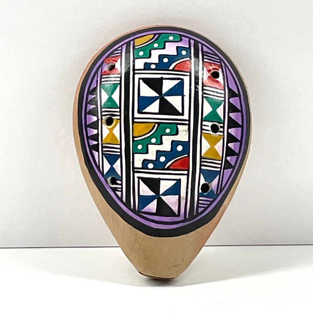 Peruvian Clay Multi-Color Geometric Pattern Folk Art Face Collector Whistle