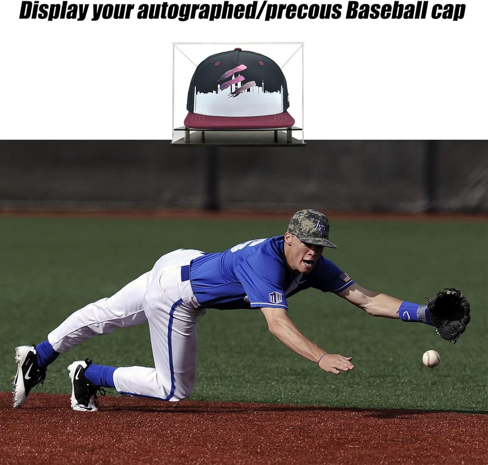 Clear Acrylic Hat Display Case Baseball Cap Helmet Stand Metal Base