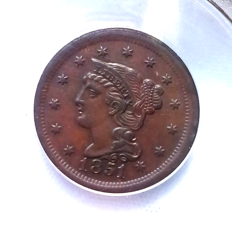 1851 LARGE CENT USA, ANACS CERTIFIED AU55 NICE