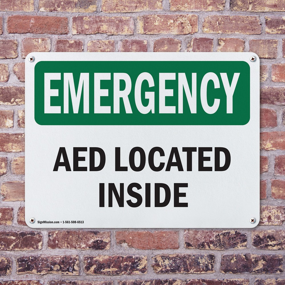 (2 Pack) AED Located Inside OSHA Emergency Sign Decal Metal Plastic
