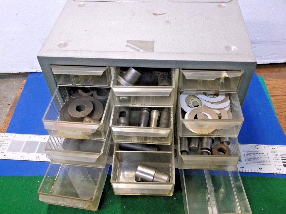 VINTAGE SMALL  TOOLS STORAGE BIN 12 DRAWER  WITH  SOME GRINDING ROOM ITEMS