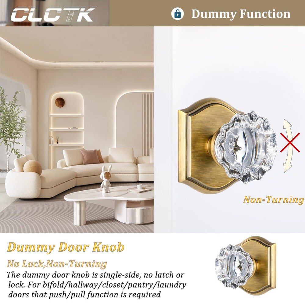 CLCTK 2 Pack Crystal Glass Dummy Door Knobs, (2 Pack), Antique Brass