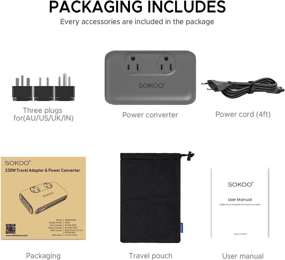 230W Voltage Adapter – Charges 6 Devices & Compatible with Multiple Nations