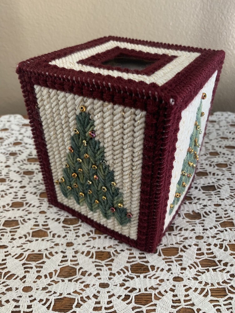 Handmade Needlepoint Plastic Canvas Tissue Box Cover -  Beaded Christmas Tree