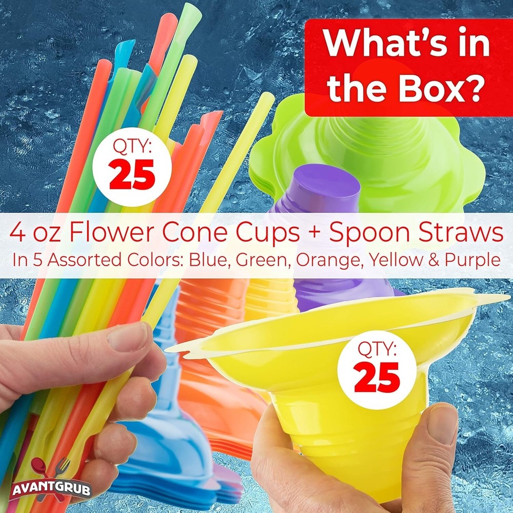 Reusable 4oz Flower Snow Cone Cups with Straws Leakproof Drip Catching