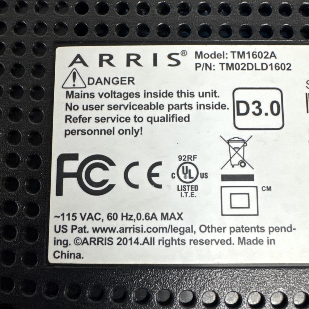 ARRIS TM1602A DOCSIS Cable Modem with Power Adapter