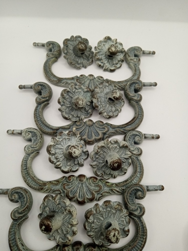 7 Vintage Heavy Metal Ornate Drawer Pulls & 2 Knobs