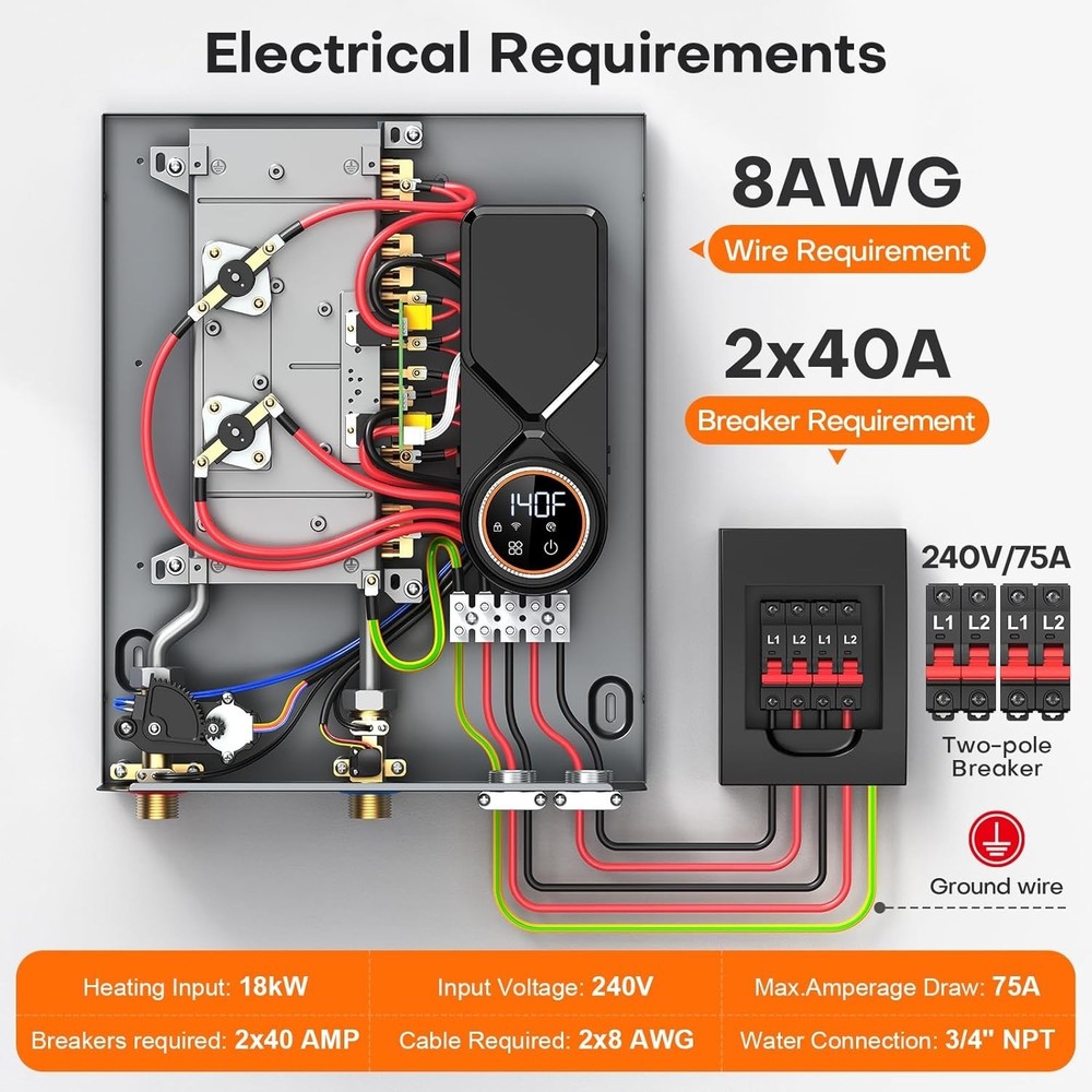 18kW Electric Tankless Water Heater 240V 4.3 GPM WiFi ETL On Demand Gray