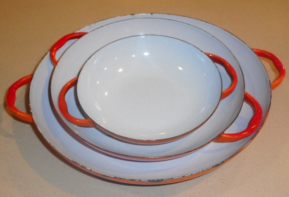 Sauté Pans Orange & White Enamel Set 3 Nesting