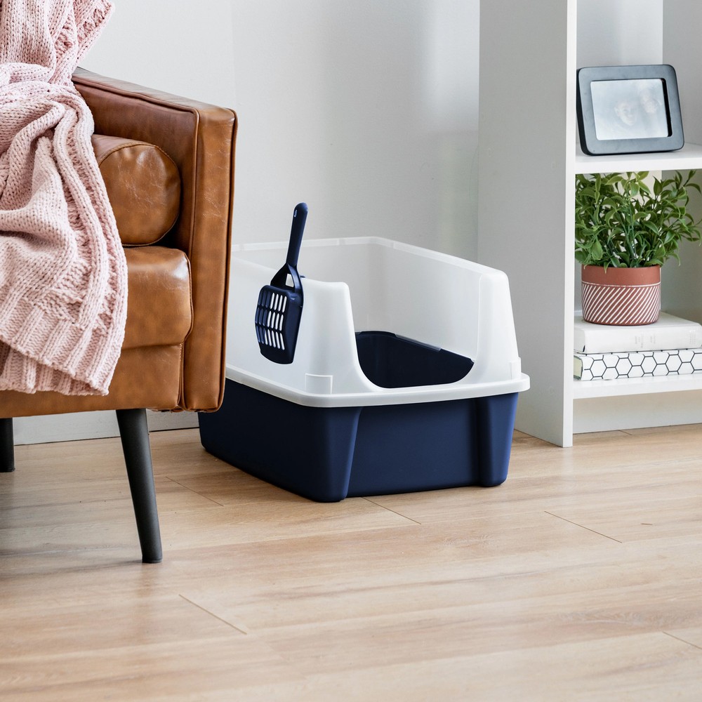 High Sided Open Top Cat Litter Box with Scoop, Navy