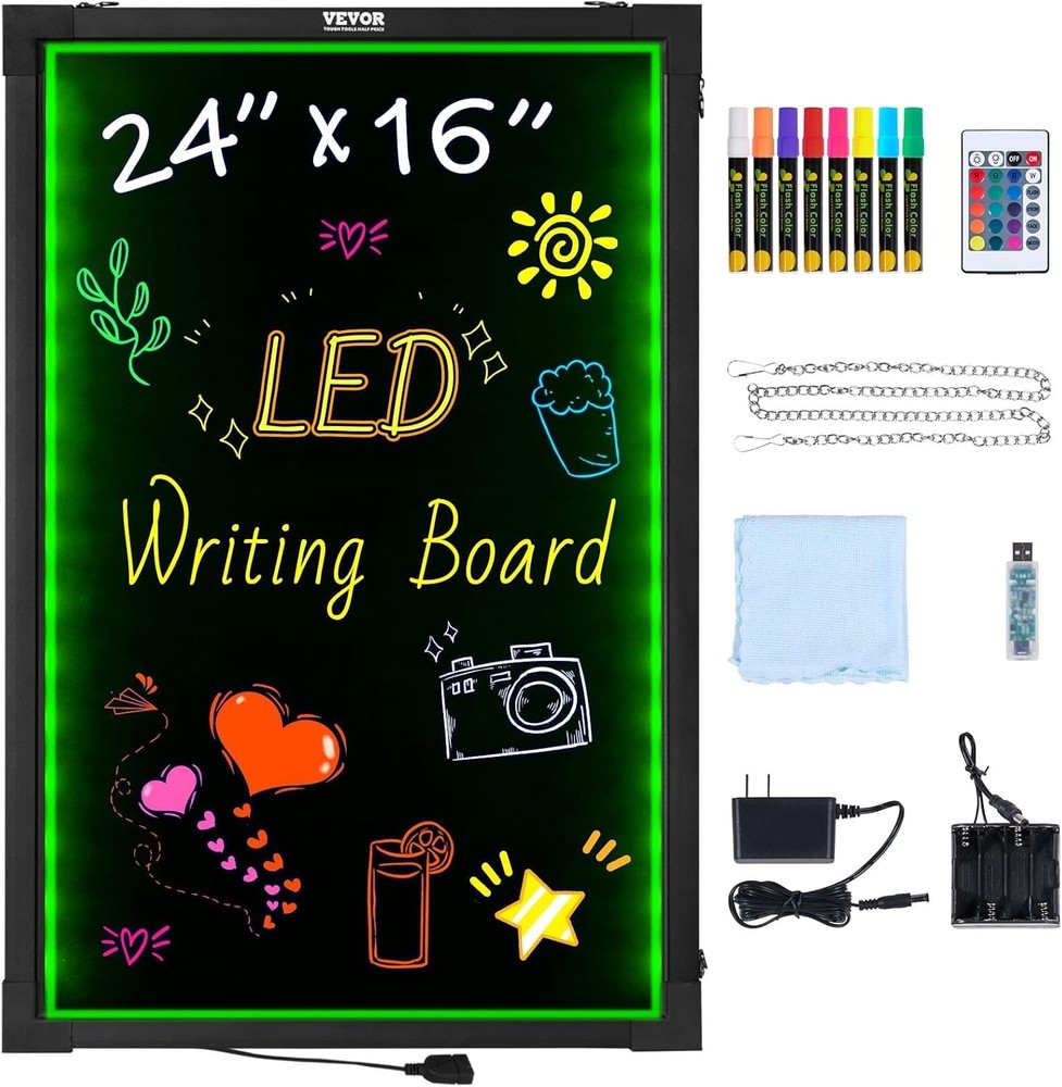 LED Message Writing Board, 24"x16" Illuminated Erasable Lighted Chalkboard, N...