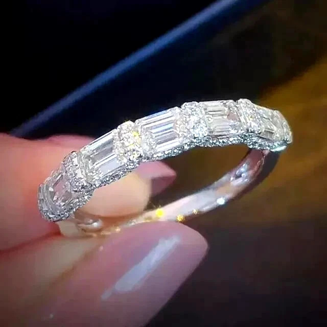 2 Ct Emerald Cut Lab Created  Half Eternity Band Ring 925 Sterling Silver