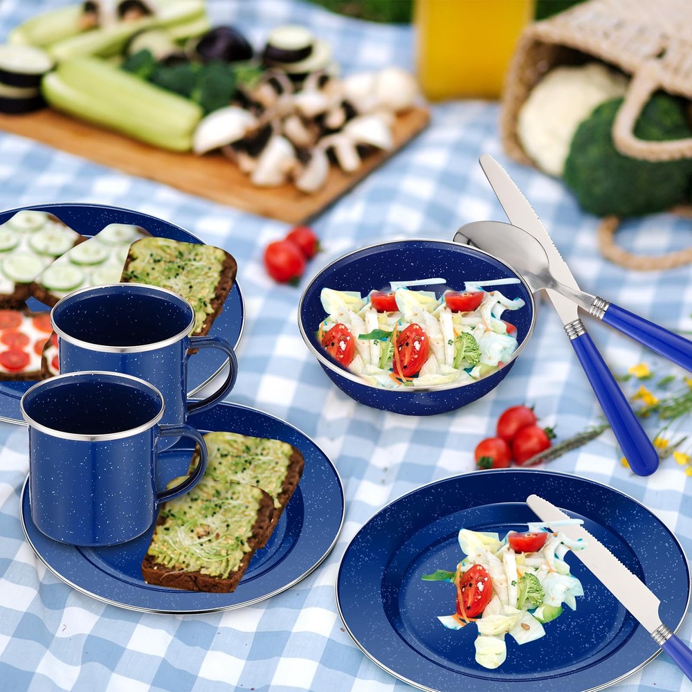 12 Pcs Enamel Camping Tableware Set Dinnerware Kit Includes 12 oz Coffee Mugs...