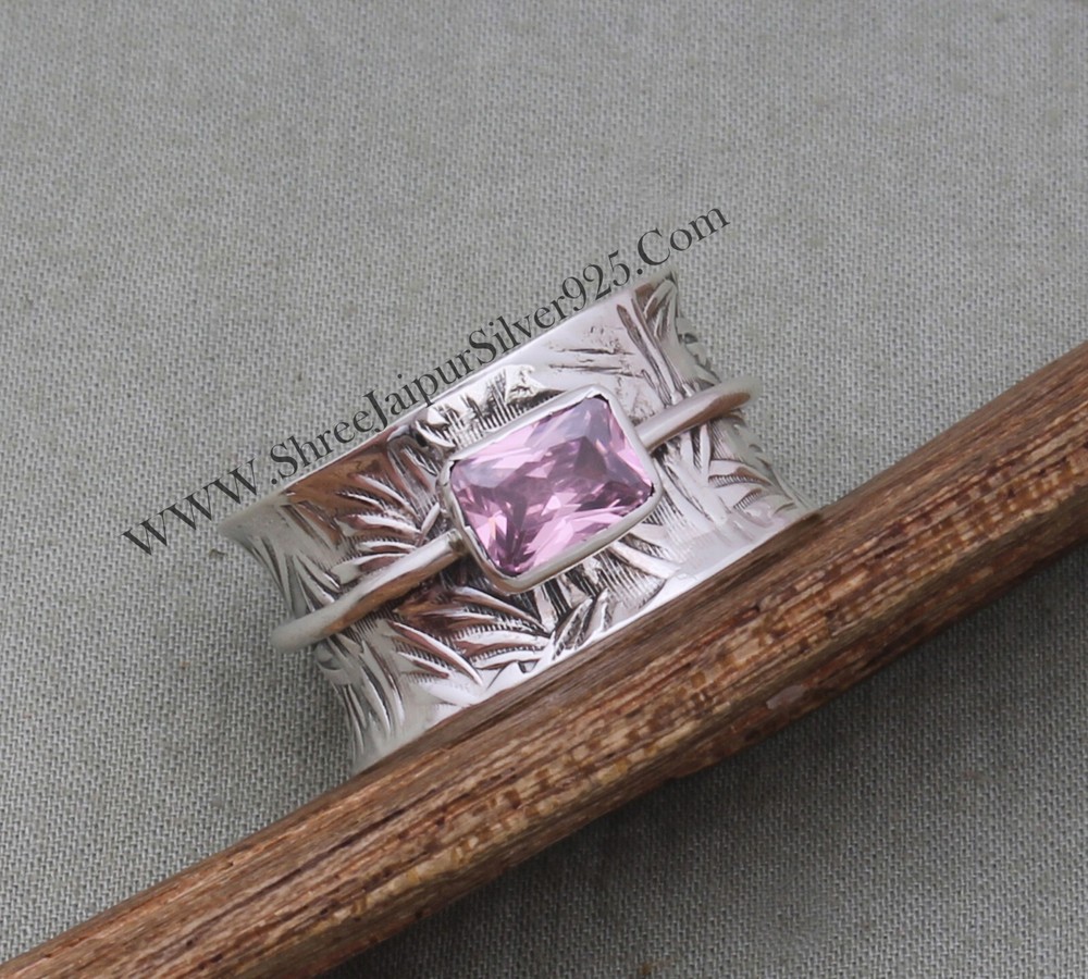Pink Zircon Spinner Ring - 925 Sterling Solid Silver Spinner Ring-Silver Jewelry