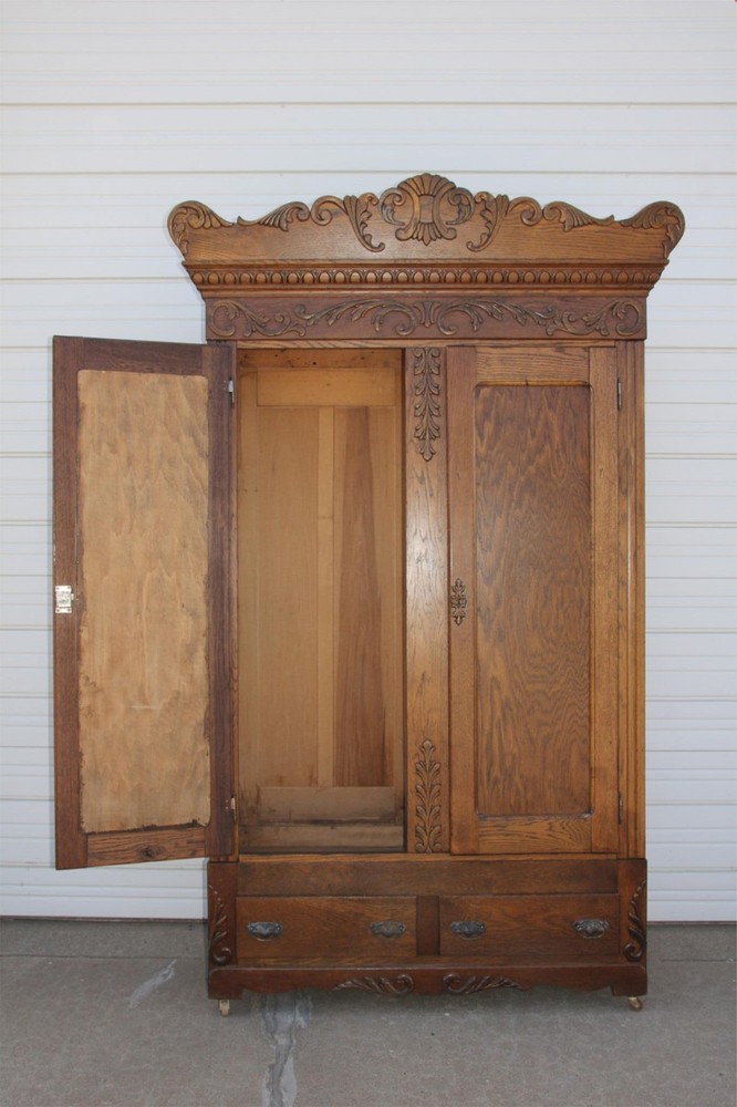 Antique Solid Oak Knockdown Double Wardrobe Armoire Closet w Egg & Dart Molding