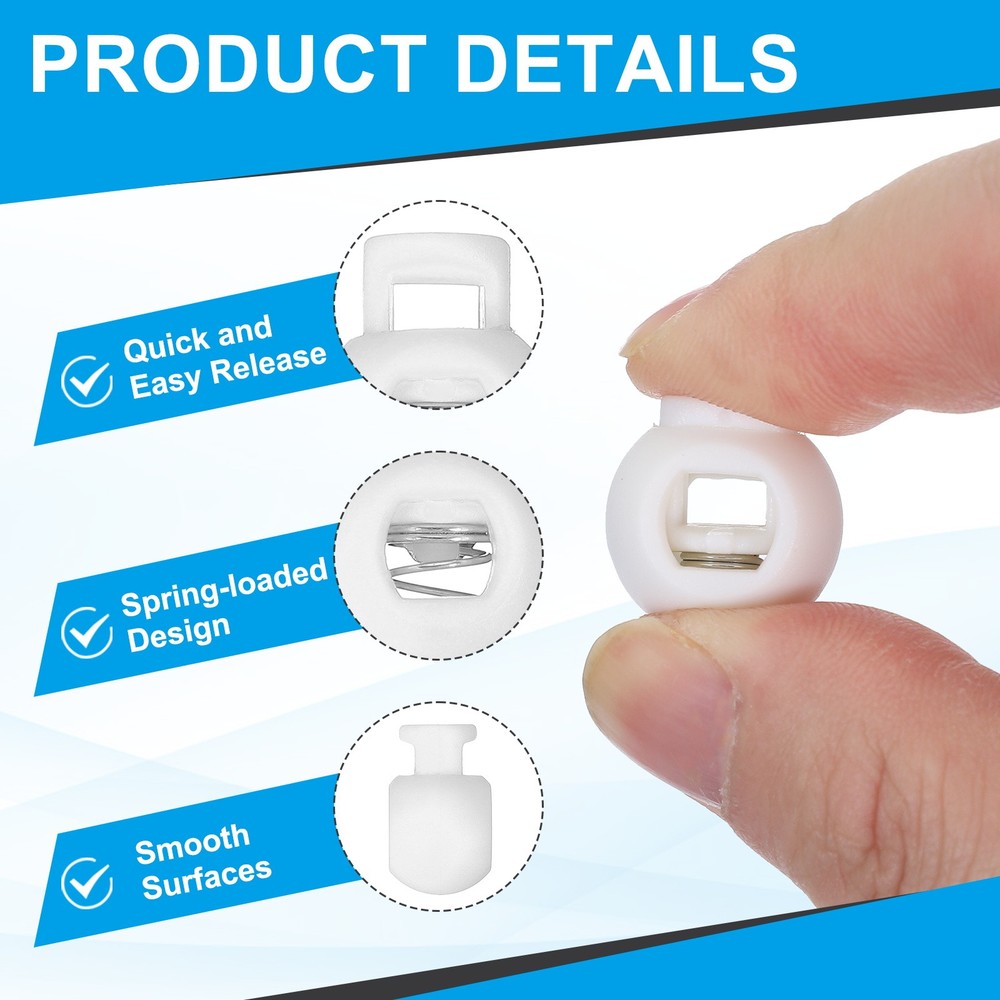 30Pcs Round Cord Lock Single Hole Spring Loaded Toggle Stoppers with Box White