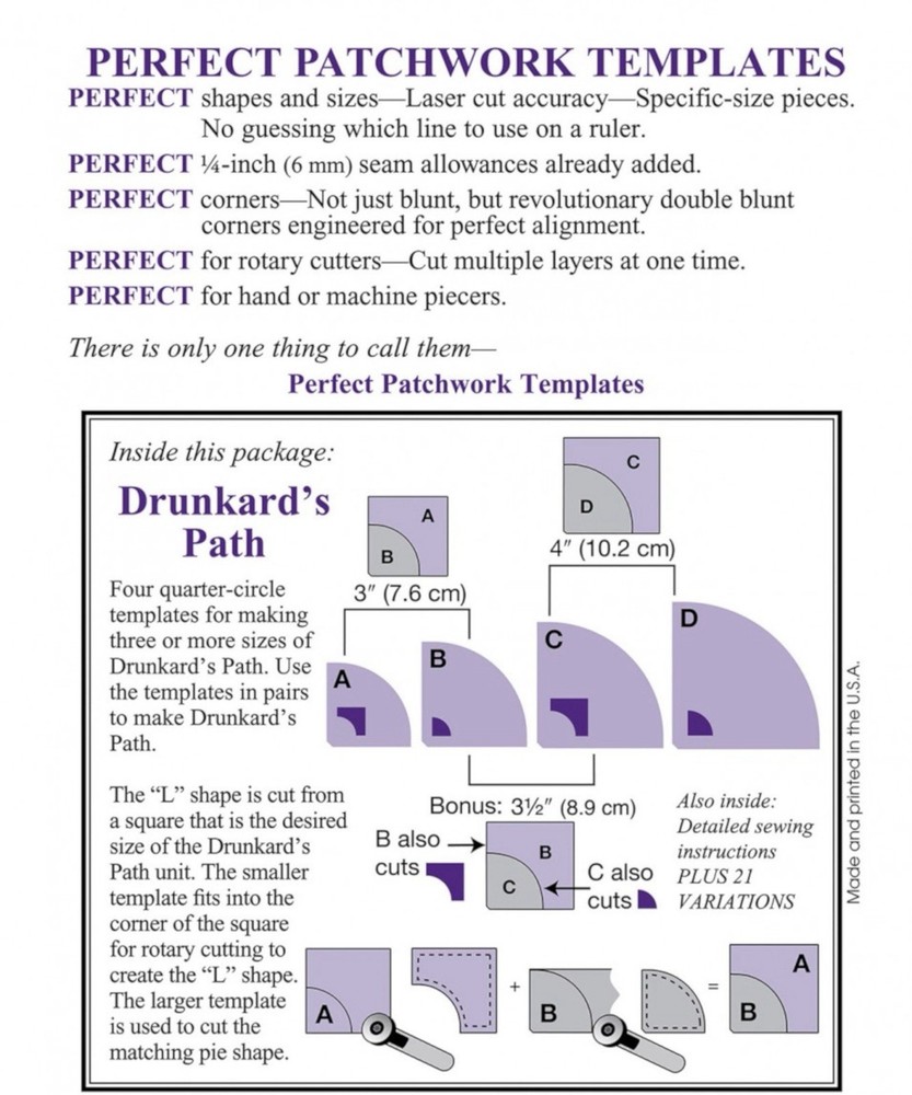 Marti Michell Perfect Patchwork Templates 'Drunkard's Path' Set #8960 4 Piece
