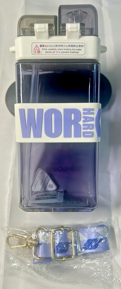 Dual Spout Top 18 Oz. Rectangular Water Bottle Tote Soft Bite Straw Strap New