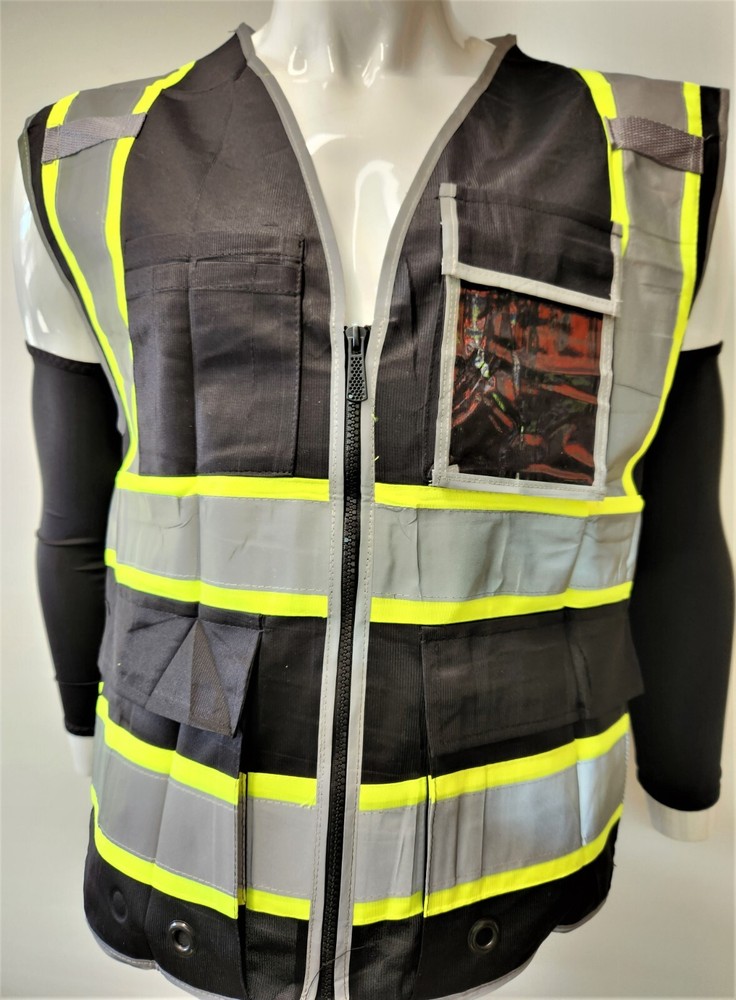 Hi Visibility Reflective Black Safety Vest /Solid knit Fabric front and back