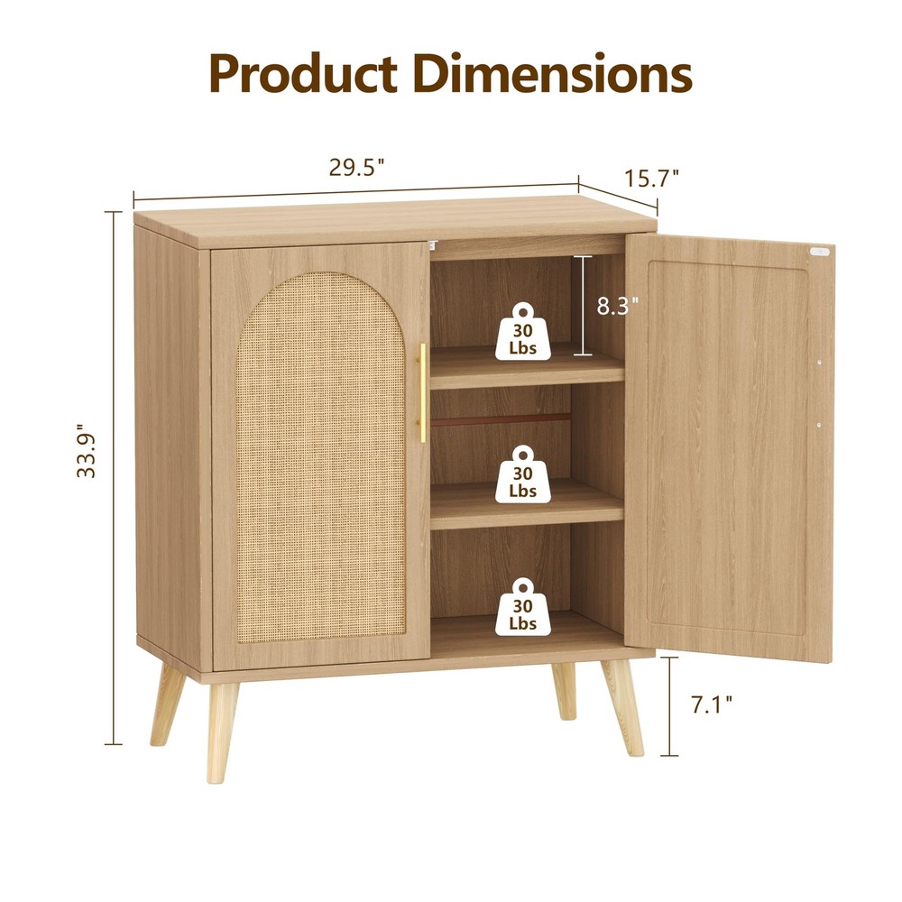 Rattan Buffet Cabinet with Storage, Boho Buffet Table with Adjustable Shelf a...