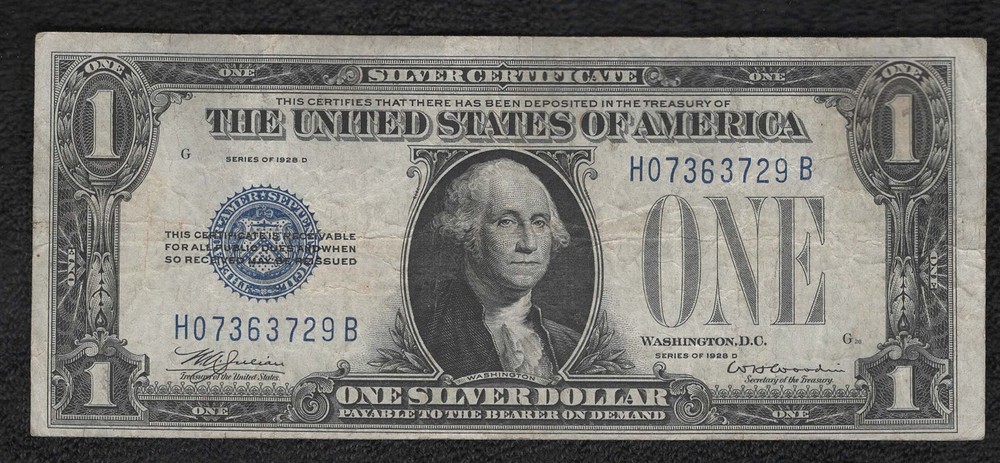 1928-D *Funny Back* $1 Small Silver Certificate "VF+"