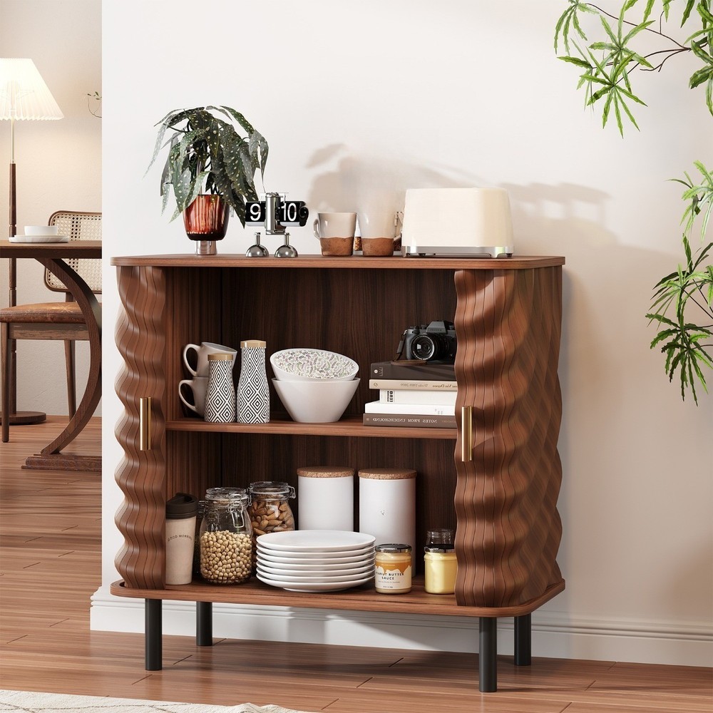 32" Sideboard Walnut Entryway Sideboard Cabinet with Smooth Sliding Door, Adjust